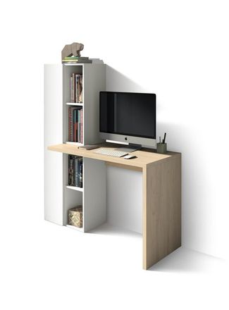 HERDASA Escritorio Modelo 640 De La Colecci&oacute;n Nelle Roble Y Blanco, Encimera En Cascada Y Estanter&iacute;a Con Armario Lateral