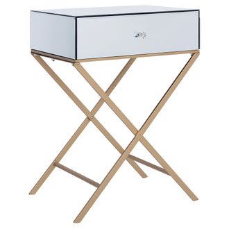 Beliani Beliani - Mesa Auxiliar Con Tablero Espejado Plateado Patas De Metal Dorado 50 X 40 Cm Estilo Glamour Moderno Con 1 Caj&oacute;n Vivy
