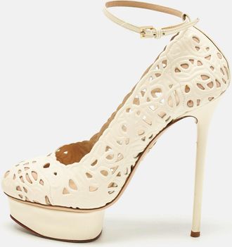 Charlotte Olympia Cream Cut Out Leather Scribble Dolores Ankle Strap Platform Pumps