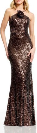 Dress The Population Noemi Rosette Sequin Halter Gown in Mocha at Nordstrom, Size Xx-Large