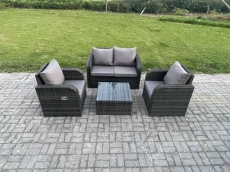 Fimous Wicker PE Rattan Garden Furniture Set Outdoor Lounge Sofa Set with Love Sofa Square Coffee Table Dark Grey Mixed
