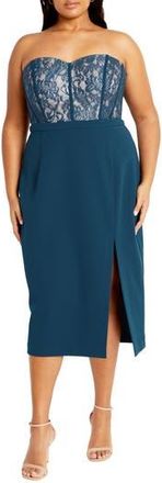 City Chic Perfect Date Mixed Media Strapless Dress in Emerald at Nordstrom Rack, Size S/16W