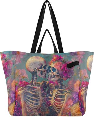 Generic Flowers Skeleton Couple Teal pattern Reusable Canvas Tote Bag, Heavy Duty Grocery Shopping Bag with Double Handles Hard Bottom Large Capacity Work Gro