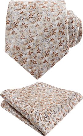 Alizeal Mens Floral Patterned Wedding Party Tie with Pocket Square 8cm Colorful Classic Business Tie Set, Khaki+Brown