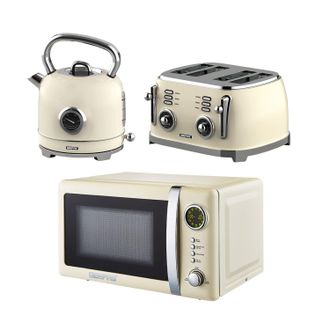Geepas Retrovive 1.8L Kettle & 4 Slice Toaster set with 20L Digital Microwave in Cream