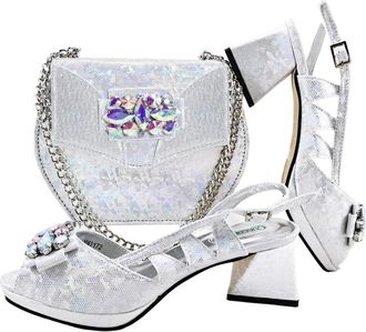 Generic Peep Toe Shoes Elegant Diamond-Embellished High Heels Designed Shoe And Handbag Set