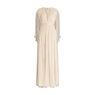 Alberta Ferretti Long Chiffon Dress with V-Neckline and Cape - female - Alberta Ferretti - Gowns - Beige - XL - Dresses
