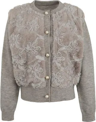 Saachi Flower Faux Fur Velour Cardigan in Grey at Nordstrom Rack