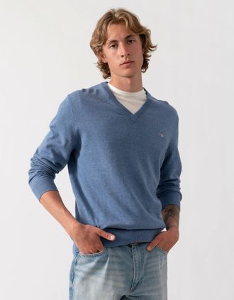 GANT Mens GANT Mens Classic Cotton V-Neck Jumper - 906 Denim Blue Melange - Size: 40