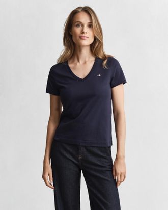 GANT T-Shirt GANT REG SHIELD KA V-NECK T-SHIRT, Damen, Gr. XXL, blau (evening blau), Jersey, Obermaterial: 100% Baumwolle, unifarben, Basic, regular fit h&uuml;