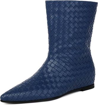 Generic Womens Fashion Braided Pointed Toe Ankle Boots Flats Comfort Wide Calf Pull On Fall Winter Motorcycle Shoes (Blue,7.5)