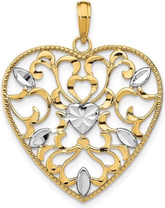 Diamond2Deal 14k Yellow Gold Rhodium Filigree Leaf Accent Heart Charm