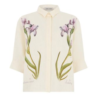 Alberta Ferretti Alberta Ferretti, Shirts, female, White, Size: S Linen Short-Sleeved Shirt with Print