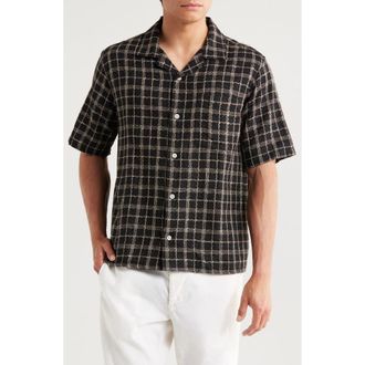 Corridor Wavy Plaid Short Sleeve Cotton & Linen Camp Shirt in Black at Nordstrom Rack, Size Medium