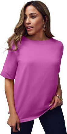 Jessica London Stretch Cotton Cuff Tee in Deep Orchid Feeder Stripe at Nordstrom, Size 24