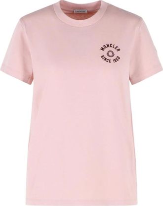Moncler Ribgebreide T-shirt met ronde hals en logo - Dames - T-shirts - Roze - S - Katoen - Tops