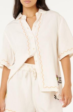 Rip Curl Embroidered Short Sleeve Linen Blend Button-Up Shirt in Shell at Nordstrom, Size Xx-Small