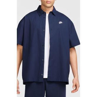 Nike Club Short Sleeve Button-Up Oversize Shirt in Obsidian/White at Nordstrom, Size Xx-Large