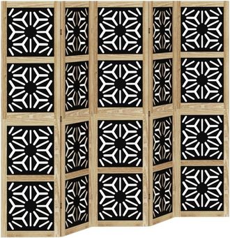 vidaXL Biombo Separador 5 Paneles Madera Maciza Paulownia Marr&oacute;n Negro Vidaxl