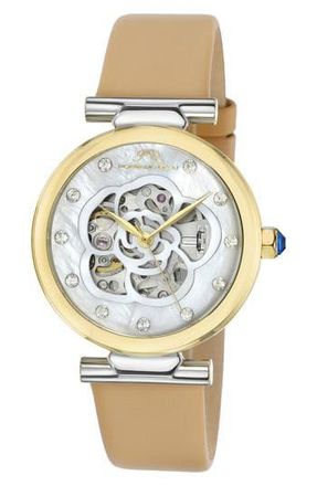 Porsamo Bleu Laura White Topaz Automatic Leather Strap Watch, 36mm in Beige Multi at Nordstrom Rack