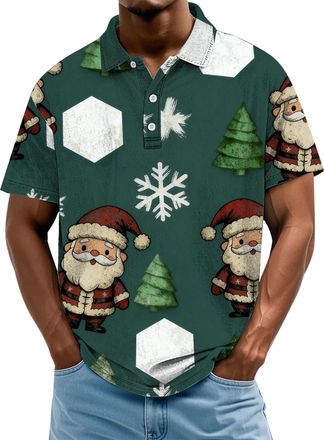 Generic Christmas Polo Shirts for Men Casual Xmas Santa Snowman Print Short Sleeve Loose Fit Funky Party Holiday Vacation Tee Tops, Green, 3XL