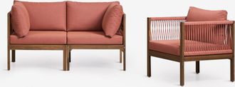 Sklum Conjunto De Sal&oacute;n Con Sof&aacute; Modular De 2 Piezas Con Reposabrazos Y Sill&oacute;n En Madera De Acacia Branson Sklum