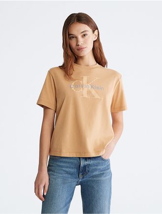 Calvin Klein Womens Monogram Logo Boxy Crewneck T-Shirt - Orange - XS