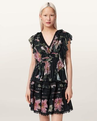 AllSaints Polyester Canto Printed Ruffle Tiered Top, Size: UK 14/US 10