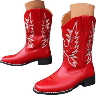 Generic Womens Fashion Western Cowgirl Cowboy Boots Wide Calf Embroidered Square Toe Chunky Low Heel Pull on Mid Calf Boots