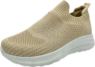 Generic Womens Krush Fly Knit Trainer Memory Foam Comfort Gym Slip On Casual Shoes (Beige Diamante, UK Footwear Size System, Adult, Women, Numeric, Medium, 7)