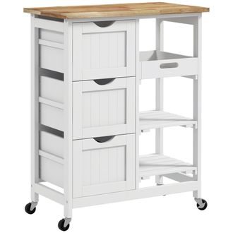 OEM Carrito Auxiliar Con Ruedas Carrito De Cocina Con 3 Cajones 2 Estantes Abiertos Y Bandeja Extra&iacute;ble 67x37x85,5 Cm Blanco