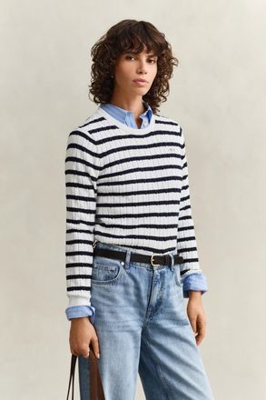 GANT Women Striped Cable Knit Crew Neck Sweater (XXL) EGGSHELL