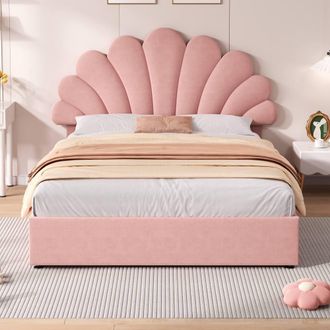 Merax 4ft6 Double Upholstered Bed with Petal Headboard, Velvet Bed Frame in Pink