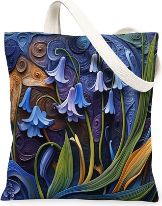 Generic Spring Bluebell Flower Canvas Tote Bag for Shopping 13x15, Quilled Style Florals Reusable Grocery Print Pattern Bag for Women, Cool Aesthetic Beach Ae