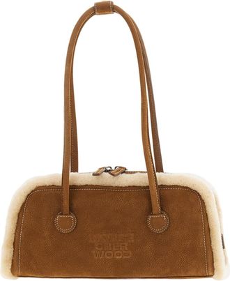 Margesherwood East-West Suede Leather Shoulder Bag with Faux Shearling Trim