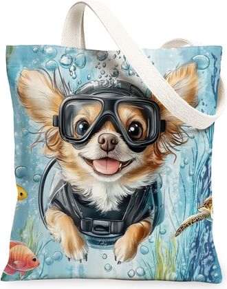 Generic Pop Art Catahoula Leopards Dog Canvas Tote Bag for Shopping 13x15, Ocean Sea Nautical Puppy Reusable Grocery Print Bag for Women, Fun Pet Beach Aesthe