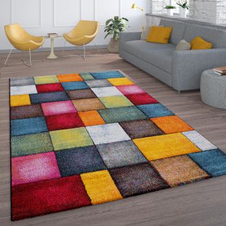 Paco Home Paco Home - Alfombra Sal&oacute;n Pelo Corto Dise&ntilde;o Cuadros Colorida Cuadrados Multicolor Alegre 200x290 Cm