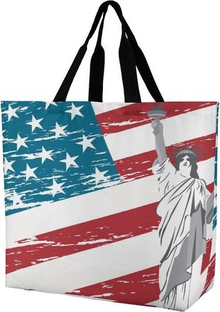 Generic Statue of Libertys Us Flag Reusable Shopping Bags Large Capacity Grocery Bag Heavy Duty Tote for Women 40x40x16cm