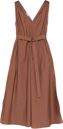 Brunello Cucinelli Beaded Shoulder Strap V-Neck Dress - Dames - Casual kleedjes - Bruin - M - Kleedjes