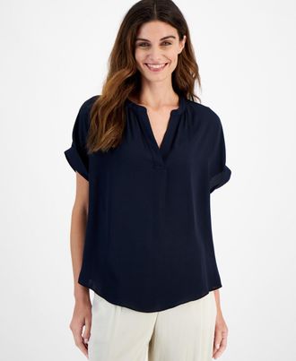T Tahari Top Womens Blue Rolled Cuff Short Sleeve Split Neck Blouse FTS1331