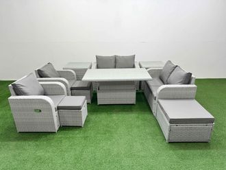 Fimous 9 Seater Outdoor Reclining Chair Love Sofa Set Rattan Garden Furniture Set w/ Adjustable Lifting Dining or Coffee Table 3 Stools 2 Side Table