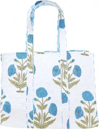 Pink Chicken Womens Large Reversible Quilted Tote Bag In Blue Oversized Dandelion
