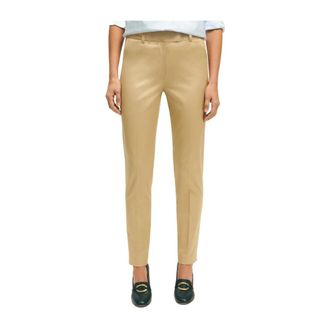 Brooks Brothers Donker beige katoenen satijnen broek - Dames - Slim Fit Broeken - Beige - XS - Katoen - Broeken