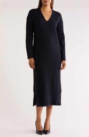 Nordstrom Rack Long Sleeve V-Neck Sweater Dress in Navy Night at Nordstrom Rack, Size Xx-Small
