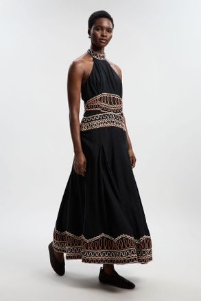 Karen Millen Womens Embroidered Cotton Linen Woven Halter Dress - Monochrome Multi - Size 10 UK