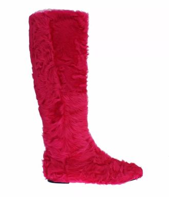 Dolce & Gabbana Pink Lamb Fur Leather Flat Boots Womens Shoes