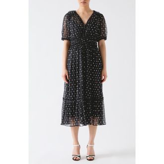 L.k. Bennett Gigi Polka Dot Short Sleeve Pleated Chiffon Midi Dress in Black at Nordstrom Rack, Size 4 Us / 8 Uk