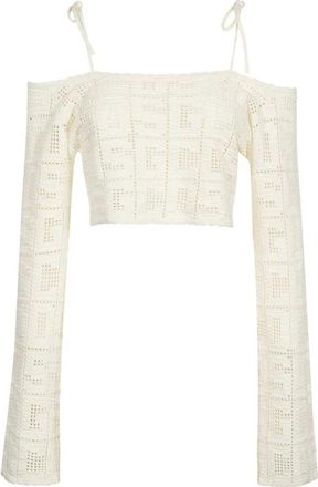 GCDS Openwork Gebreide Crop Top met Logo - Dames - Longsleeves - Beige - M - Katoen - Tops