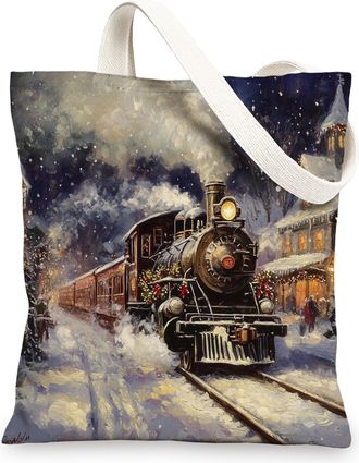 Generic Winter Christmas Steam Train Canvas Tote Bag for Shopping 13x15, Industry Machinery Xmas Reusable Grocery Print Pattern Bag for Women, Holiday Beach A