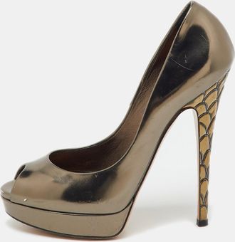 Casadei Dark Grey Leather Barbarella Platform Peep Toe Pumps